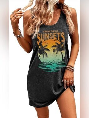 Women’s Summer Beach & Swim Cover Up, Dark Gray with Sunset Graphic, Size Medium